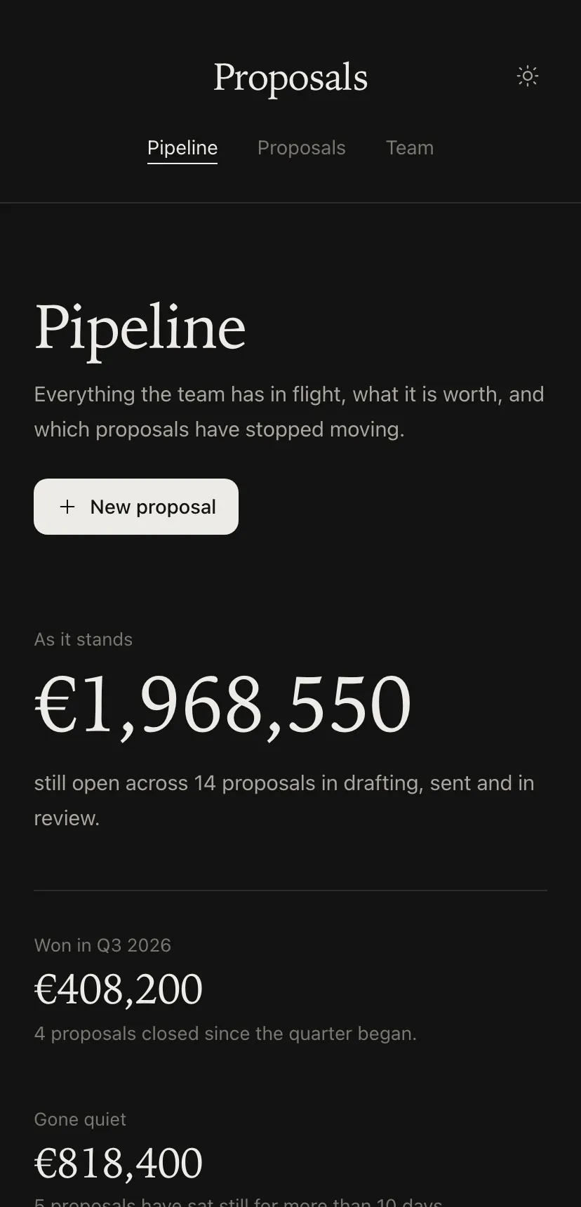 The same proposals application on a phone: the totals stacked,
                     the proposals as a single readable column.