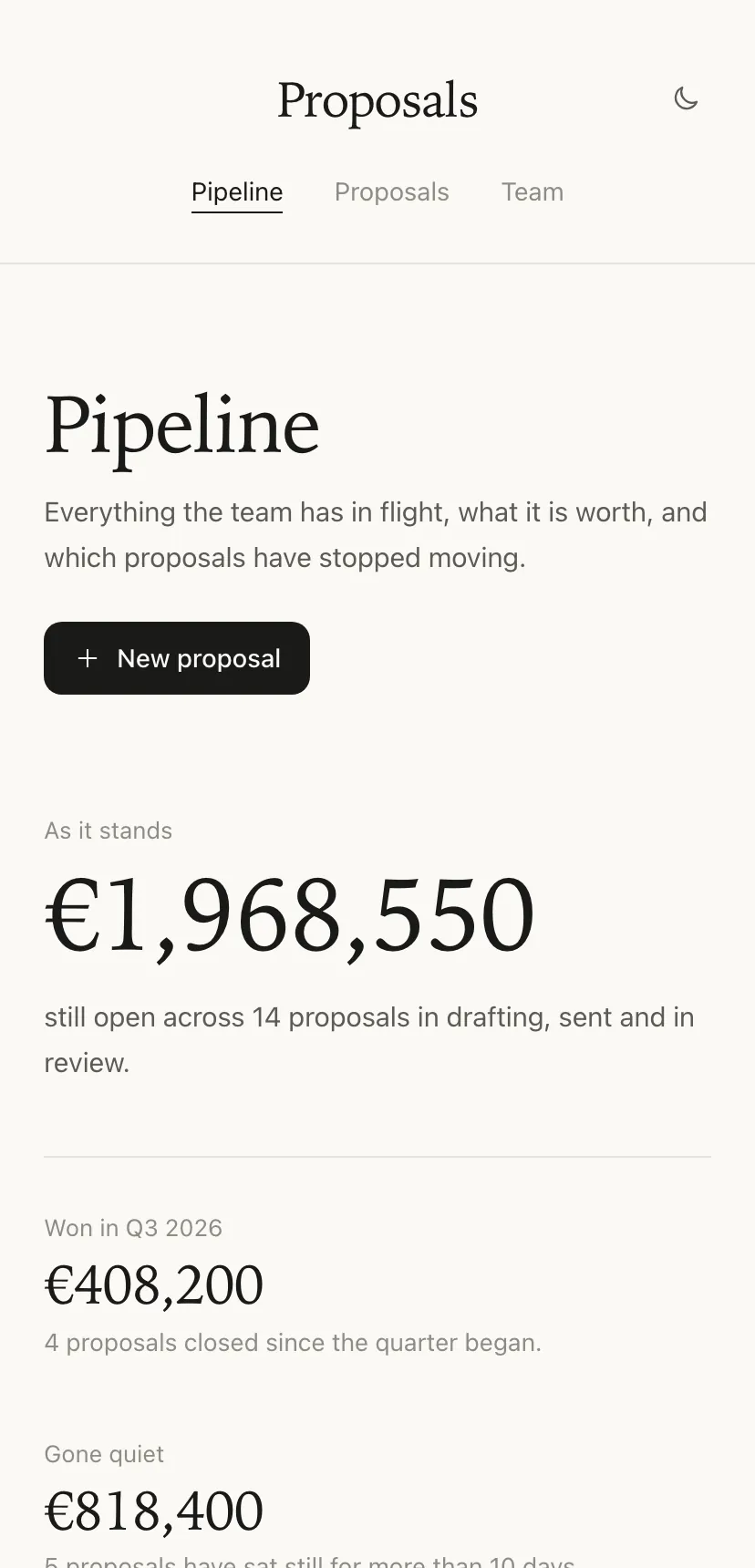 The same proposals application on a phone: the totals stacked,
                     the proposals as a single readable column.
